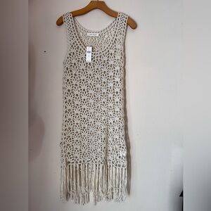 Anthropologie - Blue Tassel Cream Crochet Fringe Midi Dress